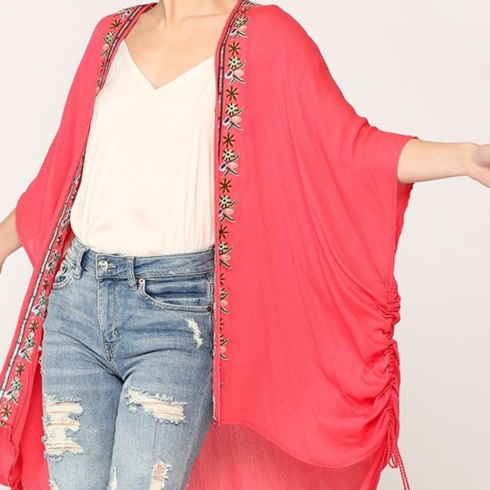 BLUHEAVEN by Umgee S/M M/L coral kimono sleeve jacket cape beach cover-up - Picture 6 of 7